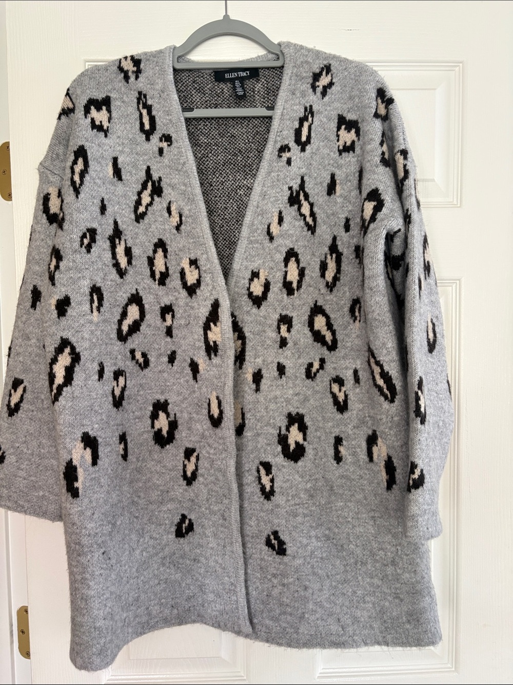 Ellen Tracy Gray Leopard-Print Open Cardigan with Cream Spots